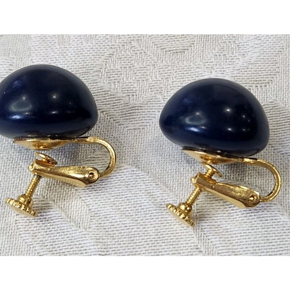 Vintage Marvella Gold Tone Navy Blue Clip On Earrings - Picture 2 of 5